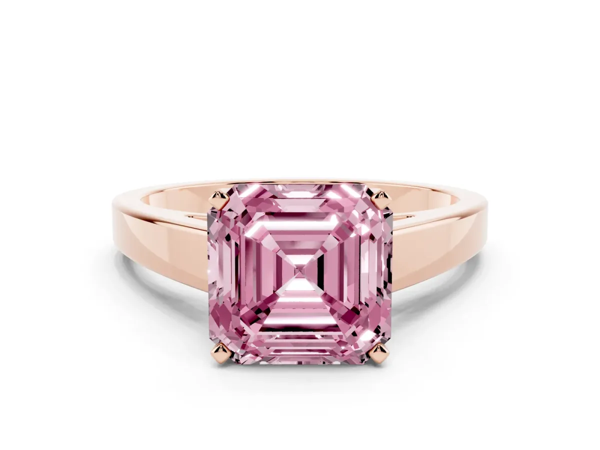 Fancy Pink Asscher Cut Solitaire Engagement Ring with Four-Prong Setting and Tapered Band Rose gold