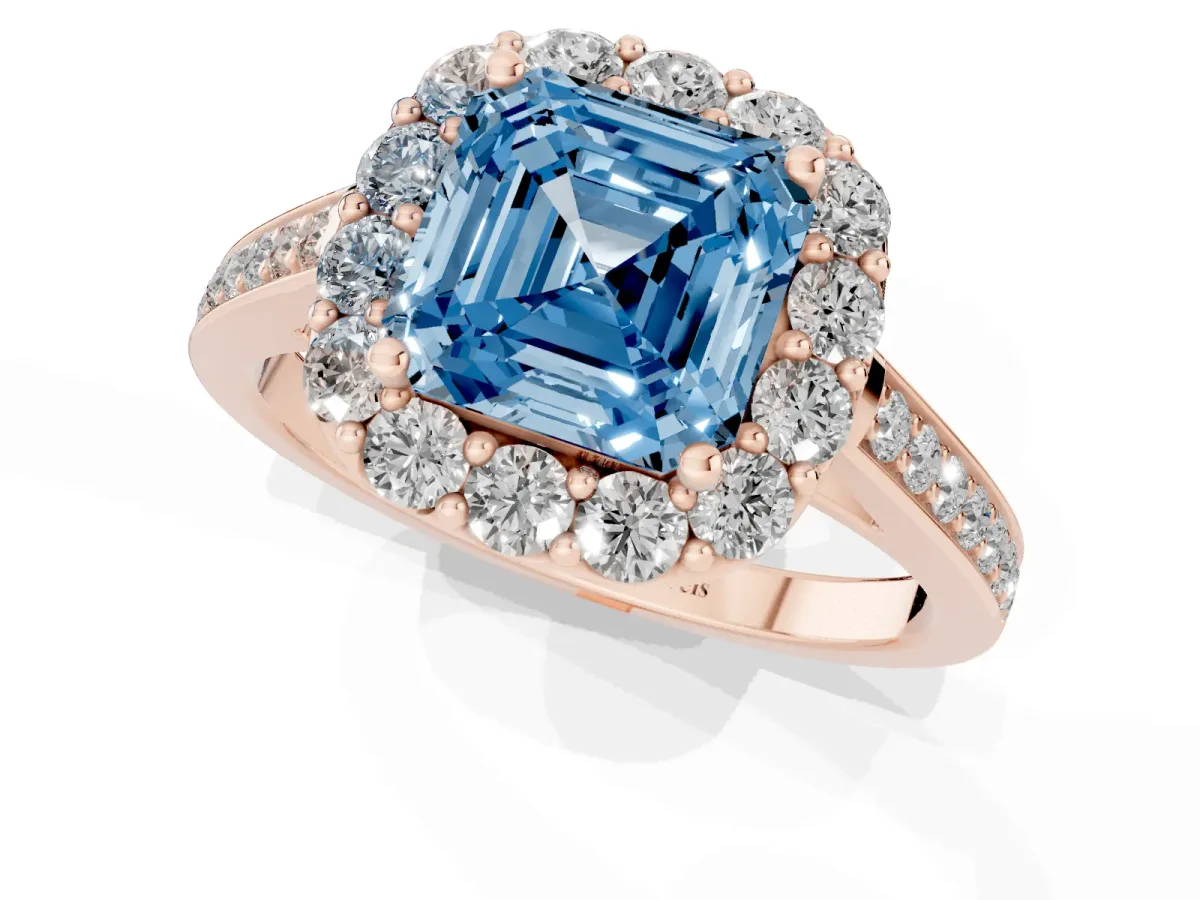 Fancy Blue Asscher Cut Diamond Floral Halo Ring with Pavé Band and Prong Setting Rose gold