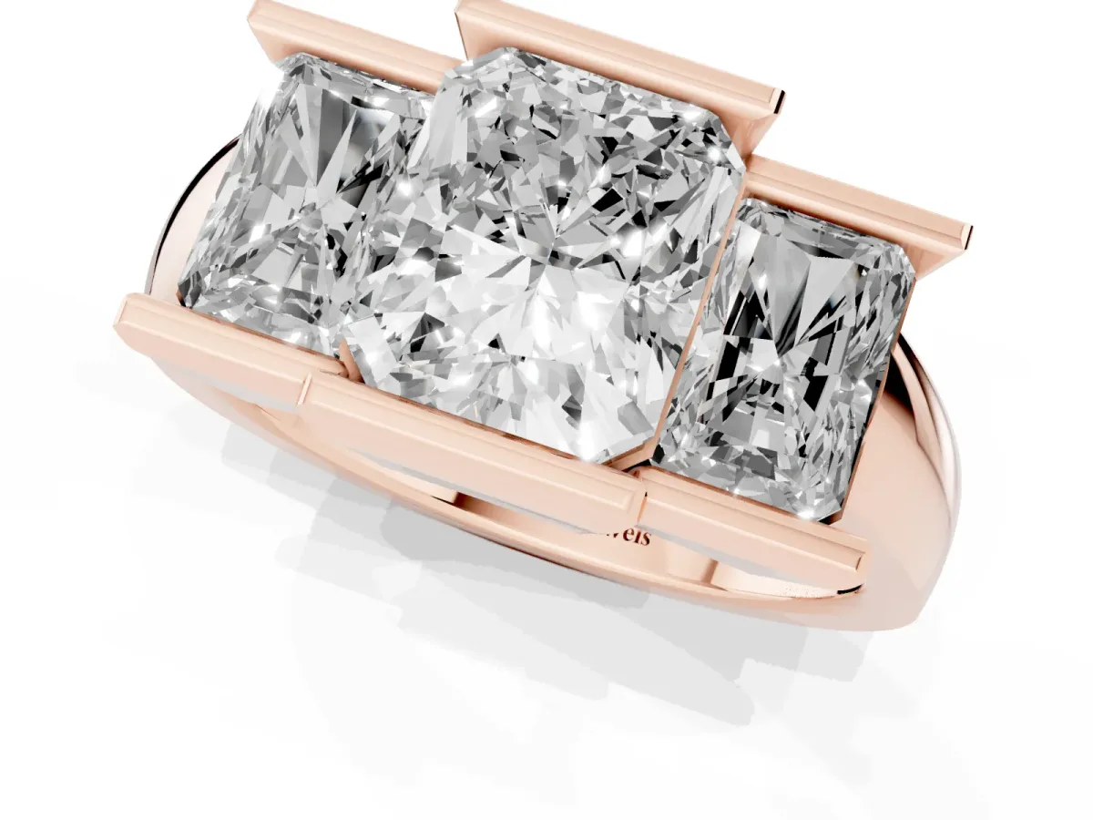 Three Stone Radiant Cut Cut Channel Set Diamond Ring Rose gold