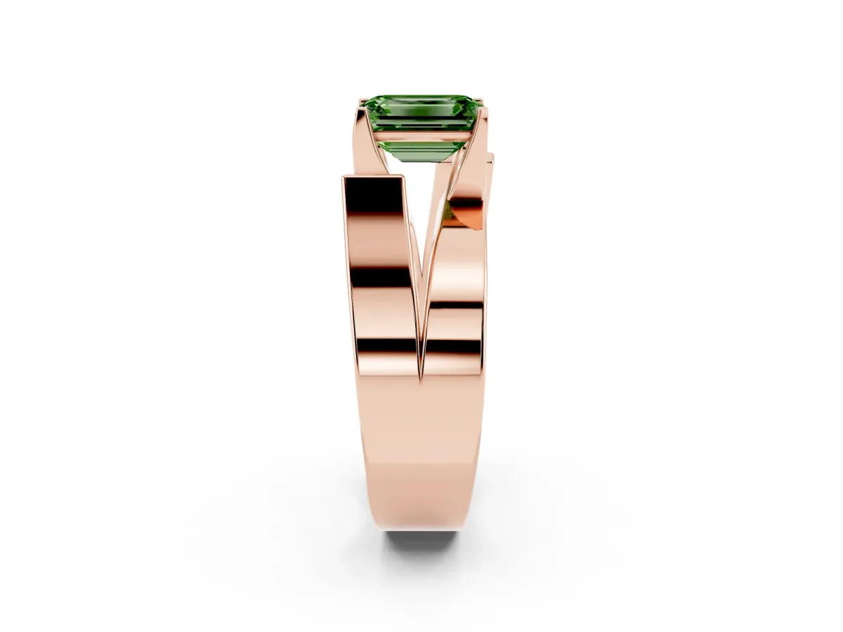 Fancy Green Modern Tension Set Emerald Cut Diamond Solitaire Wide Band Ring Rose gold