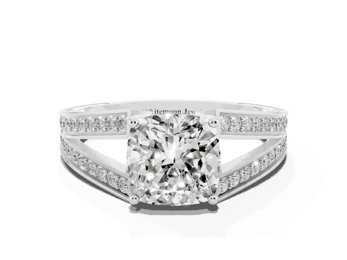 Cushion Cut Diamond Split Shank Ring with Pavé Band and Four-Prong Setting Silver