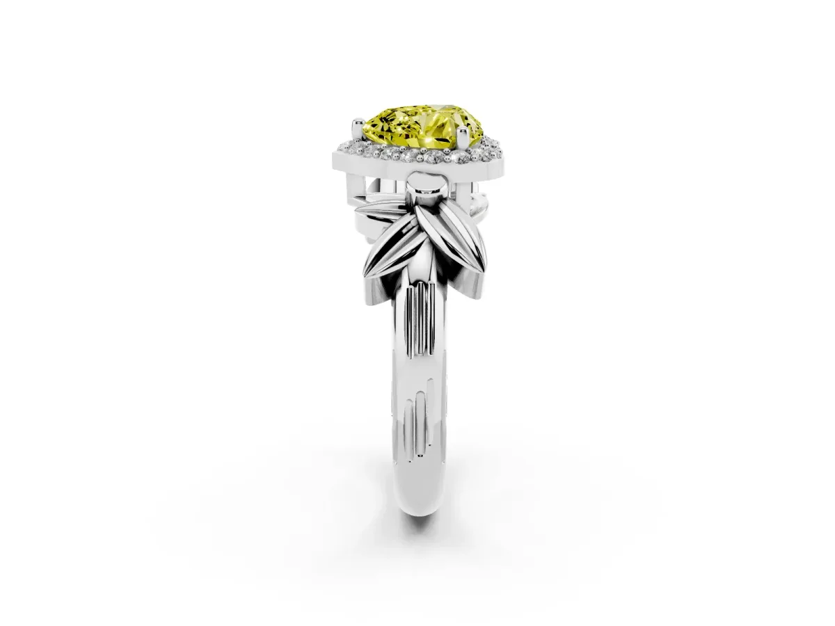 Fancy Yellow Heart Cut Halo Diamond Floral Band with Four-Prong Setting Platinum