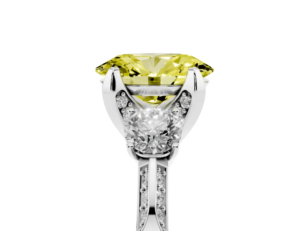 Fancy Yellow Oval Cut Brilliant Three-Stone Diamond Ring with Pavé Band and Four-Prong Setting Silver