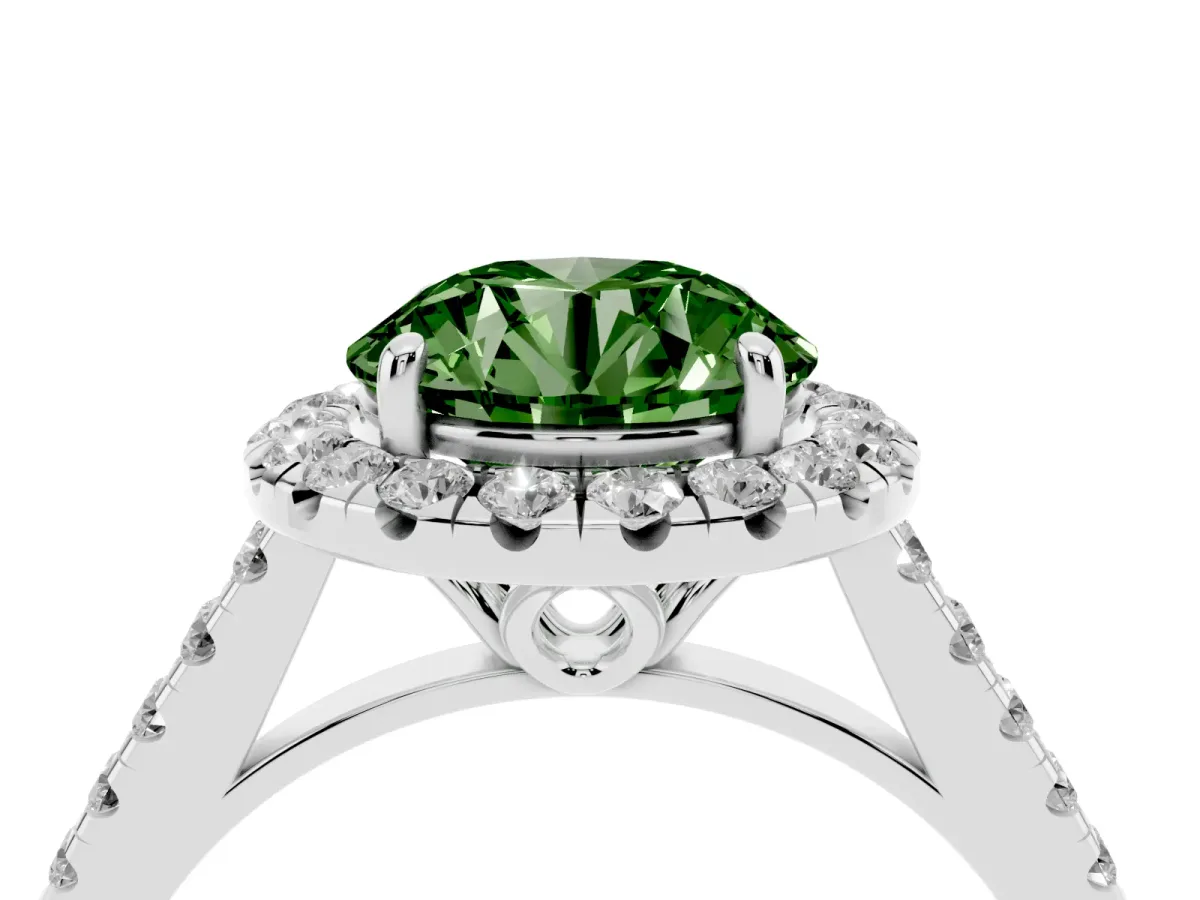 Fancy Green Round Cut Halo Pavé Diamond Engagement Ring with Four-Prong Setting Silver