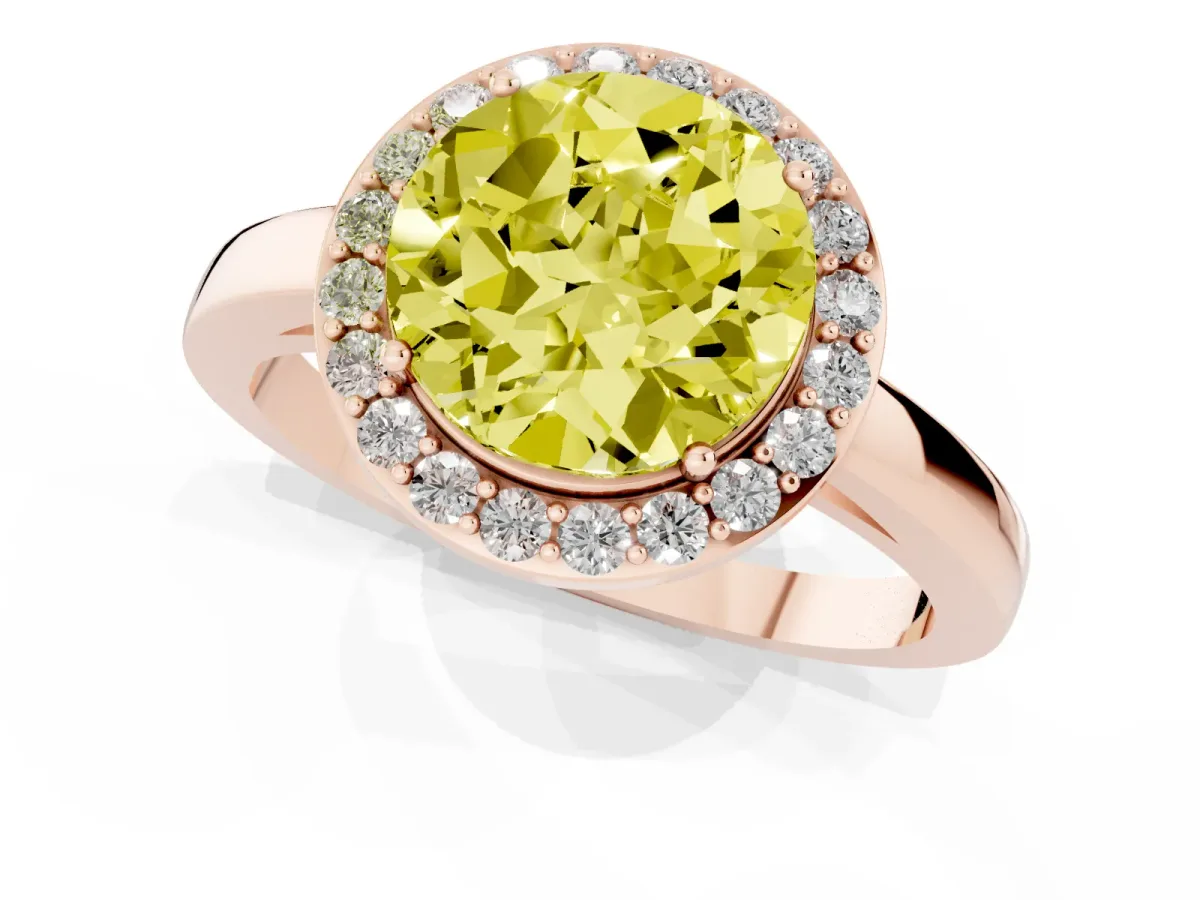 Fancy Yellow Round Cut Halo Diamond Ring with Solitaire Band and Prong Setting Rose gold