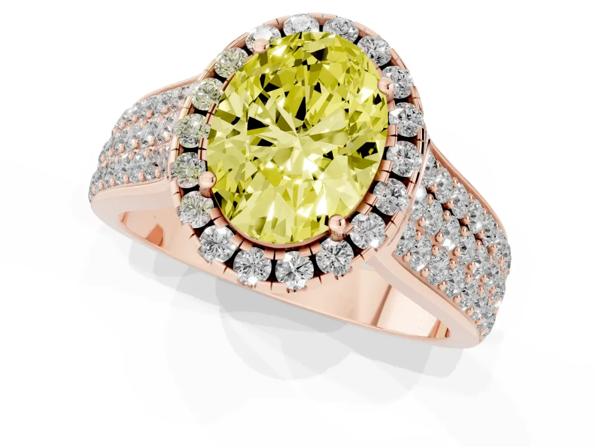 Fancy Yellow Oval Cut Halo Round Diamond Pave Band with Prong Setting Rose gold
