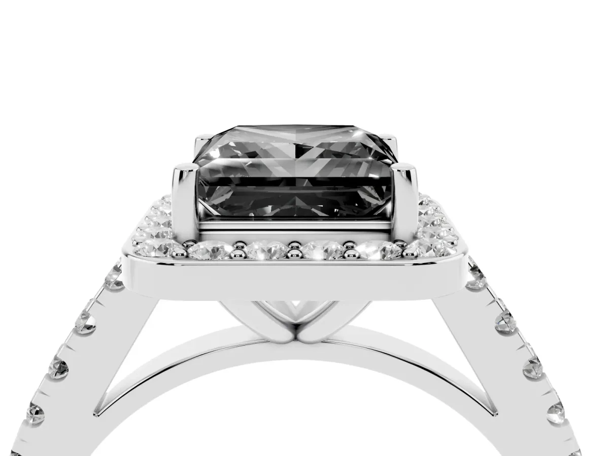 Fancy Black Princess Cut Diamond Halo Ring with Round Pavé Split Shank and Prong Setting Silver
