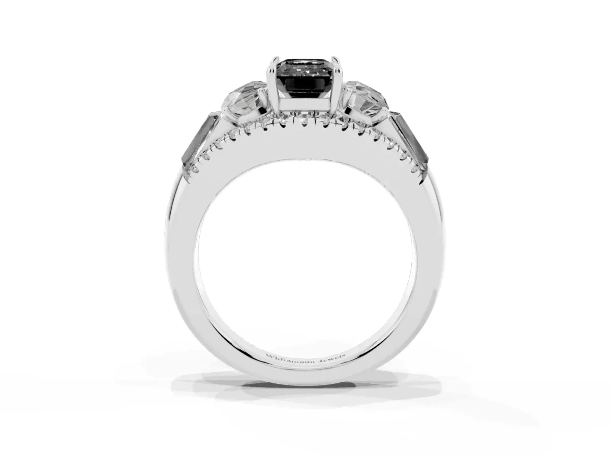 Fancy Black Three-Stone Emerald Cut Diamond Engagement Ring with Pave Band and Prong Setting Silver