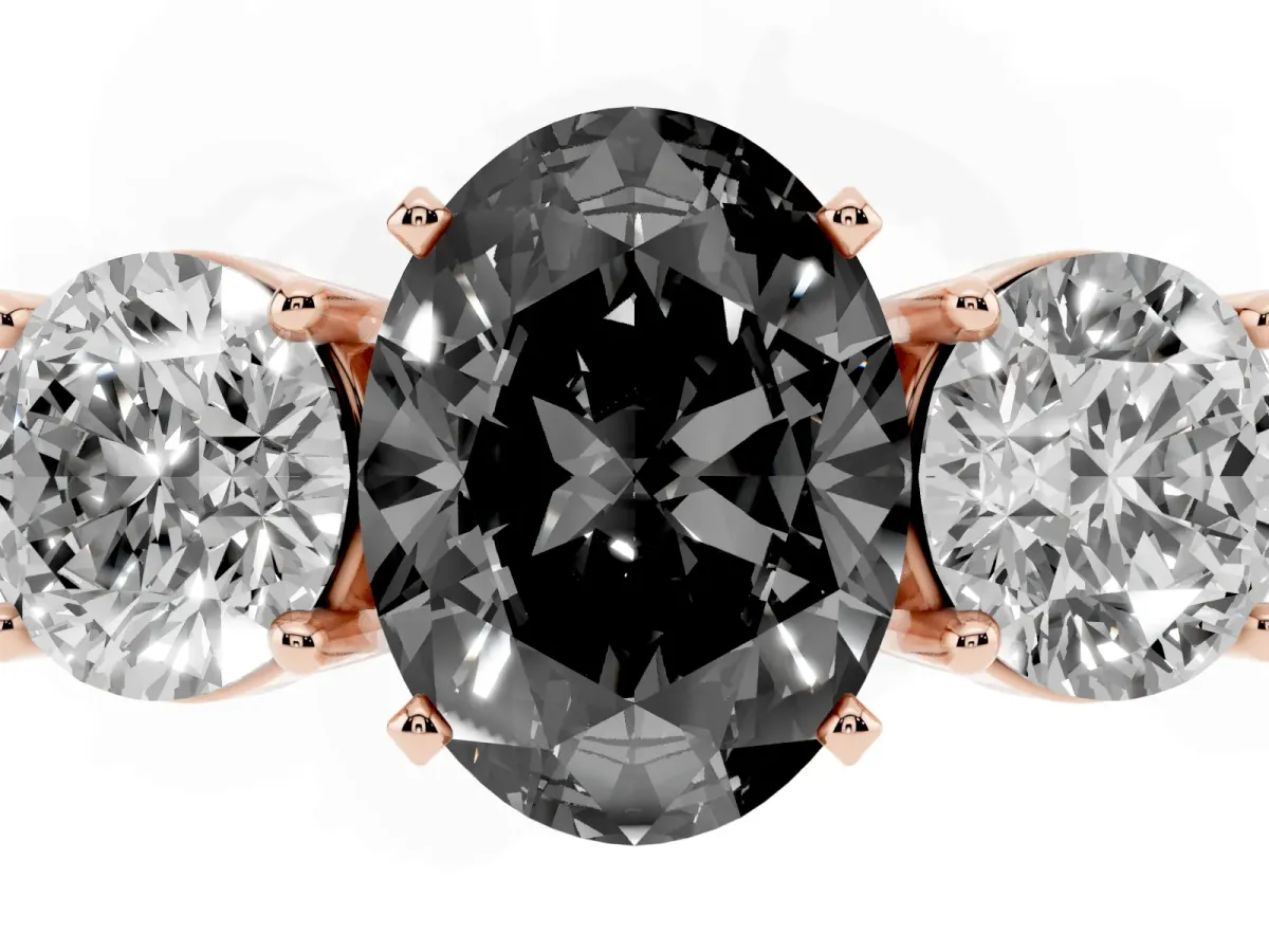 Fancy Black Three-Stone Oval Cut Diamond Ring with Round Side Stones, Classic Band, and Four-Prong Setting Rose gold