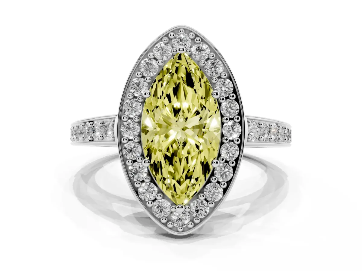 Fancy Yellow Marquise Cut Halo Pavé Diamond Engagement Ring with Bezel Setting Silver