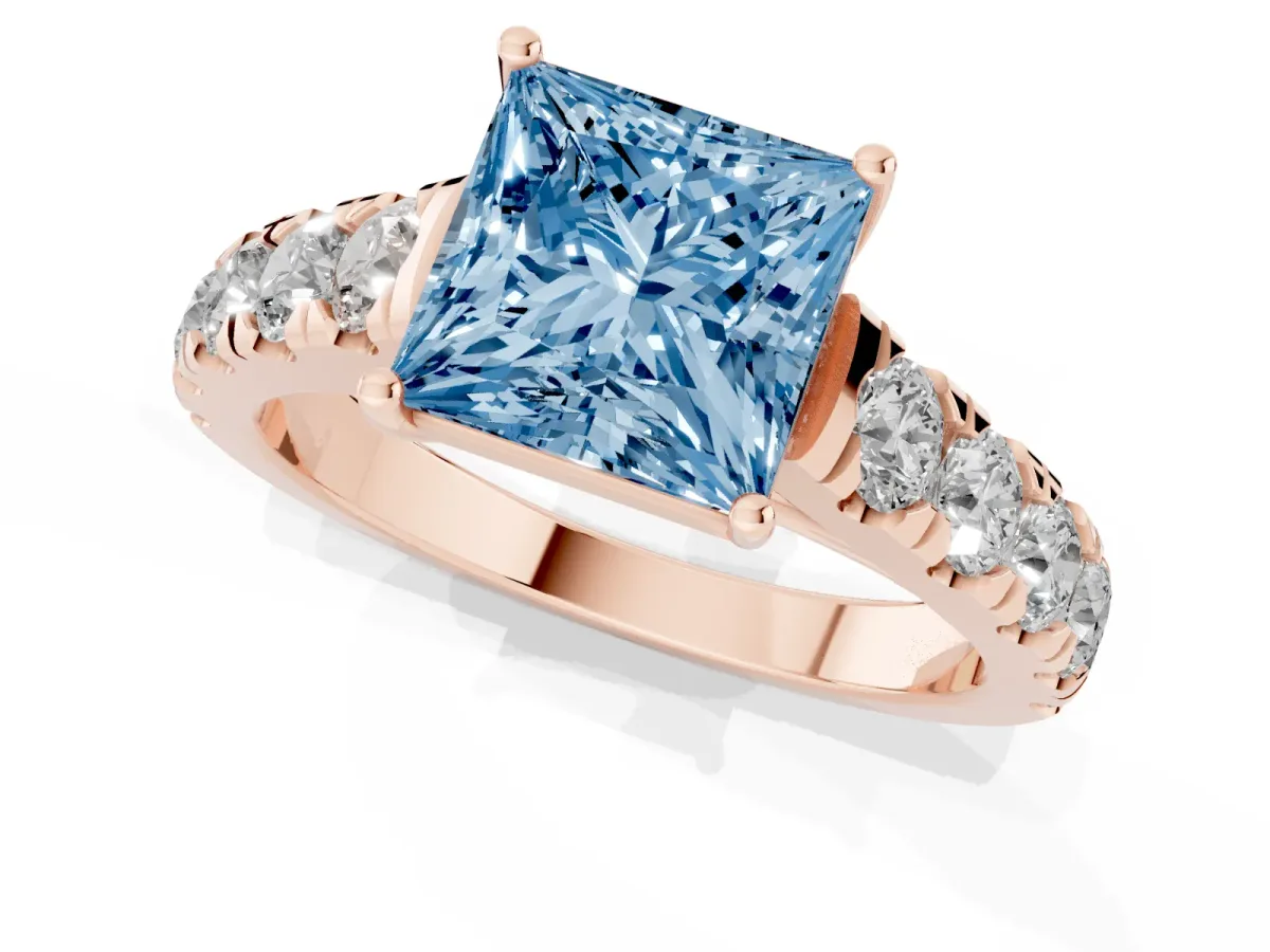 Fancy Blue Princess Cut Cut Diamond Solitaire Ring with Micro Pave Band and Prong Setting Rose gold