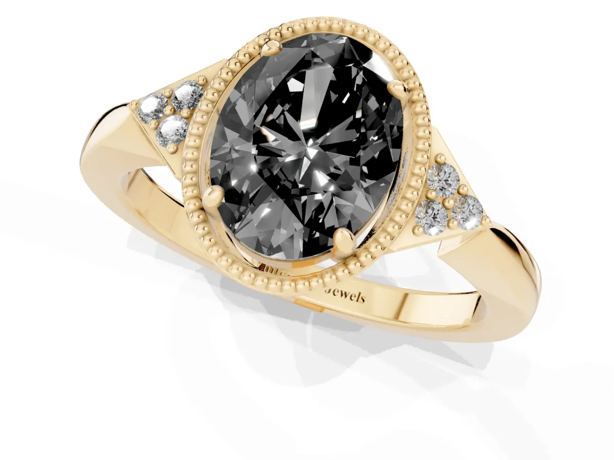 Fancy Black Hexagonal Halo Oval Cut Diamond Solitaire with Pavé Band and Four-Prong Setting Yellow gold
