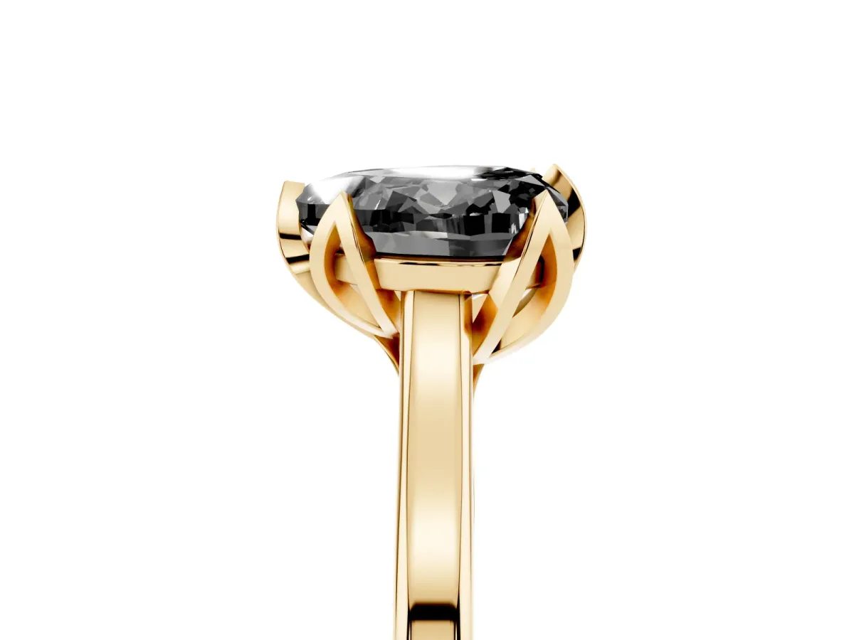 Fancy Black Heart Cut Diamond Solitaire Ring with Flower Prong Setting and Classic Band Yellow gold