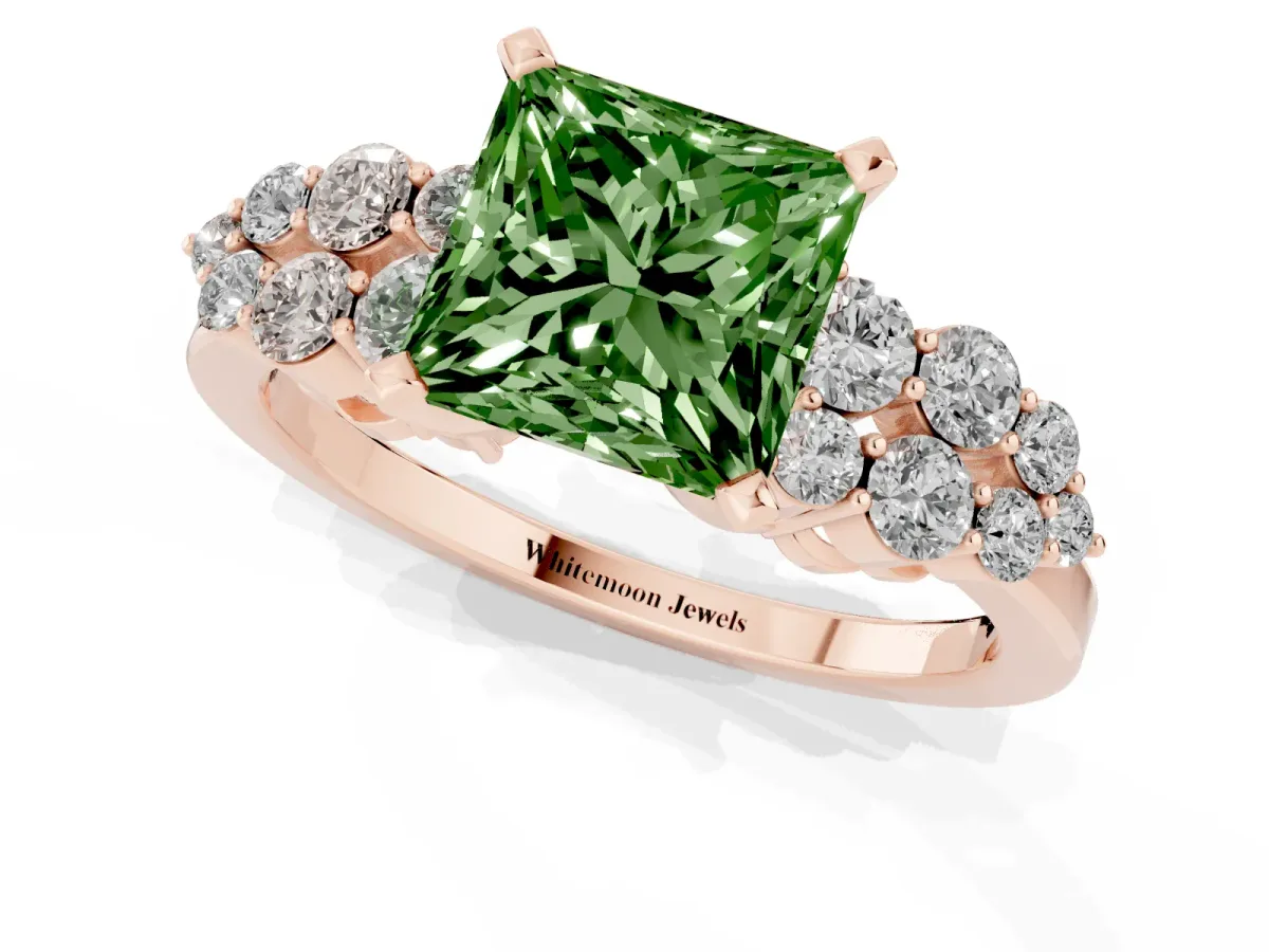 Fancy Green Princess Cut Cluster Diamond Engagement Ring with Pavé Band and Four-Prong Setting Rose gold