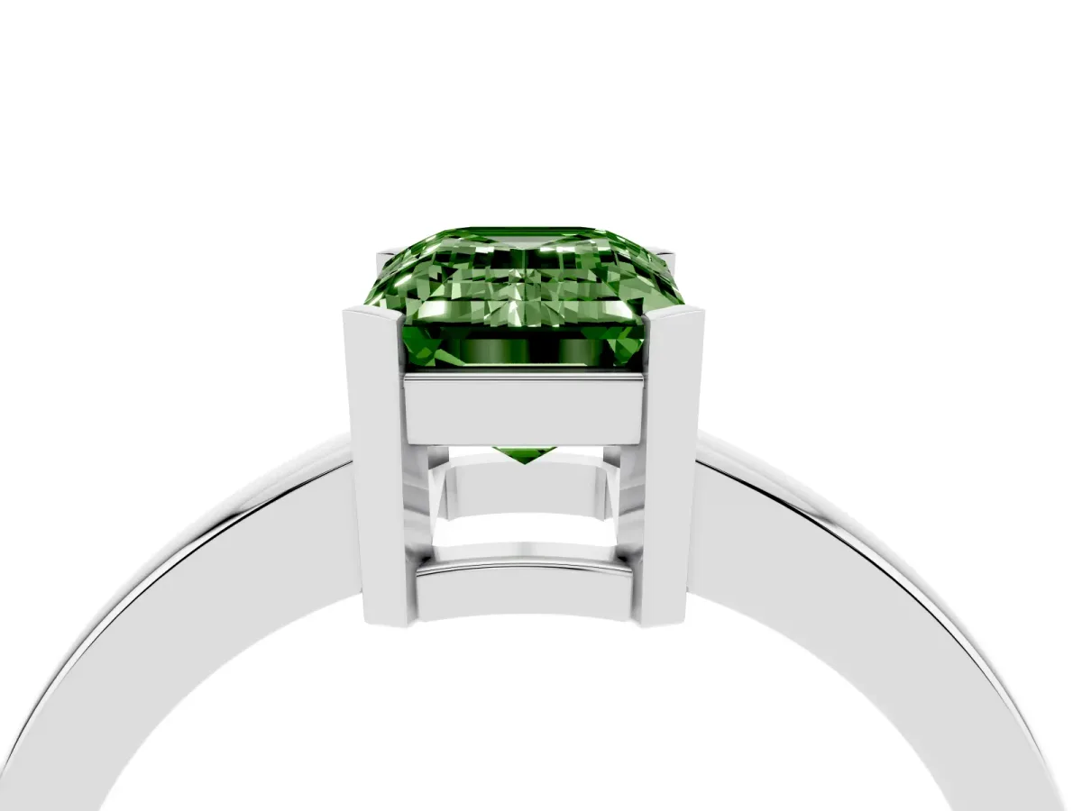 Fancy Green Emerald Cut Cut Solitaire Ring with Four-Prong Setting and Classic Band Platinum