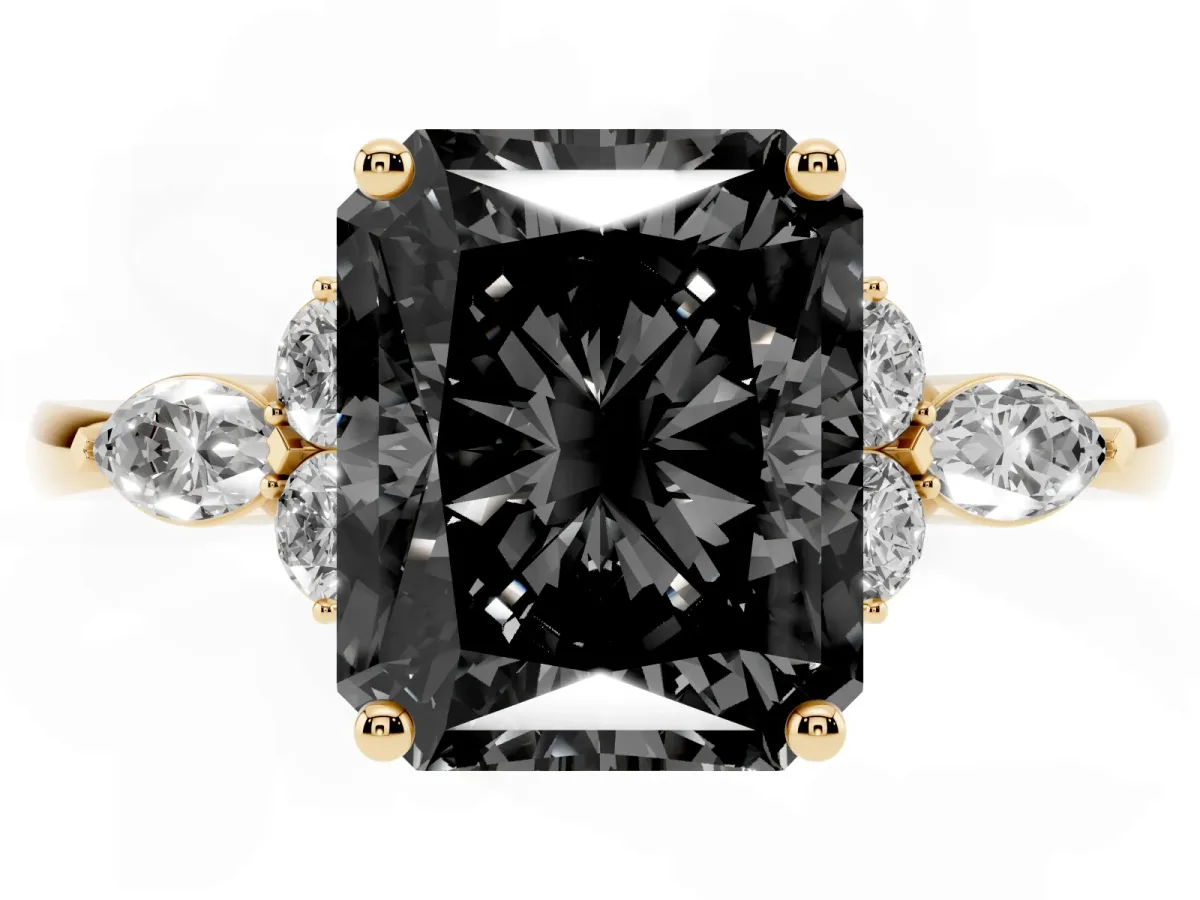 Fancy Black Radiant Cut Brilliant Diamond Solitaire Ring with Pear Side Stones and Four-Prong Setting Yellow gold