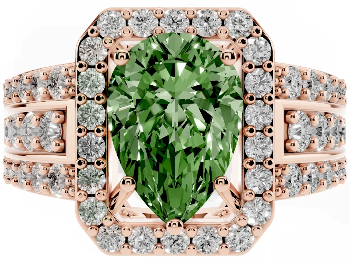 Fancy Green Pear Cut Halo Diamond Ring with Round Split Shank and Prong Setting Rose gold