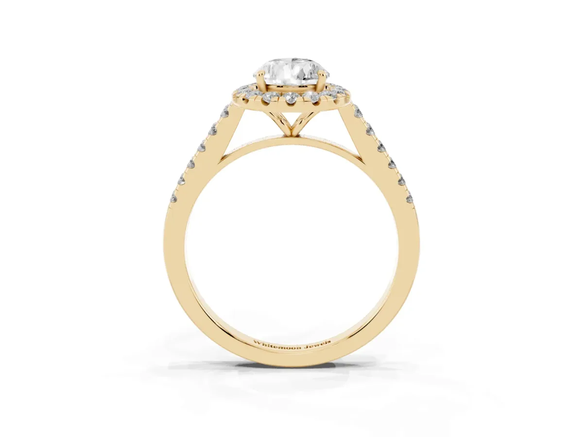 Pear Cut Halo Pave Diamond Engagement Ring with Four-Prong Setting Yellow gold