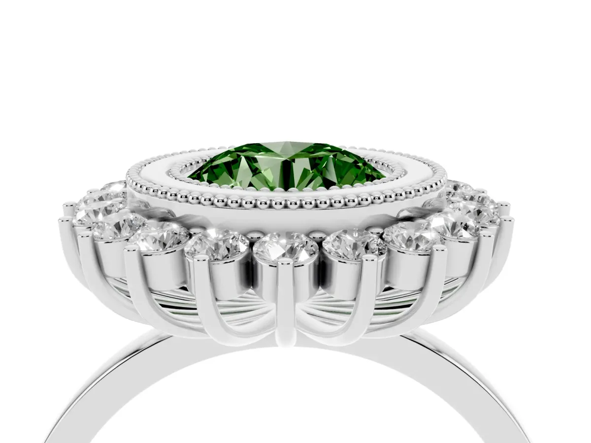 Fancy Green Round Cut Halo Diamond Ring with Milgrain Edge and Round Prong Setting Silver