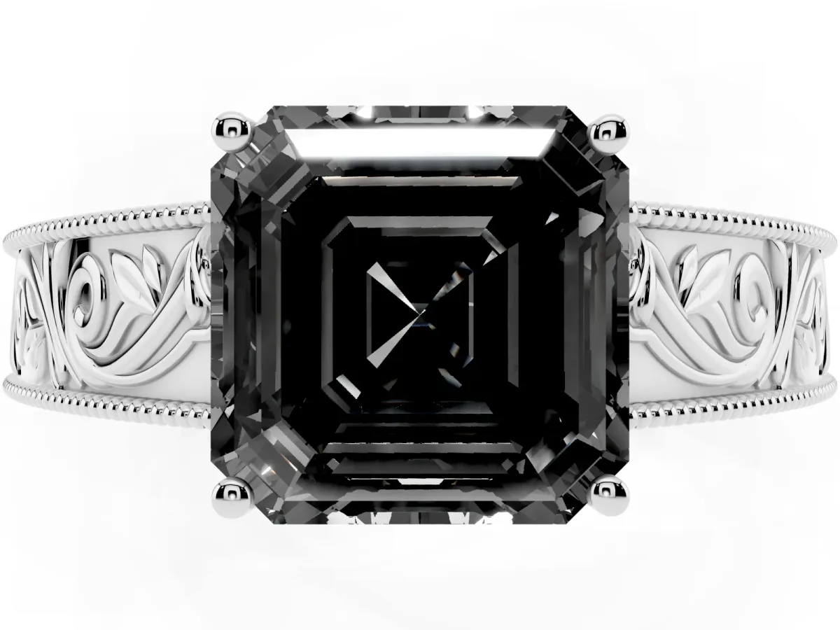 Fancy Black Asscher Cut Diamond Solitaire Ring with Engraved Band and Four-Prong Setting Platinum
