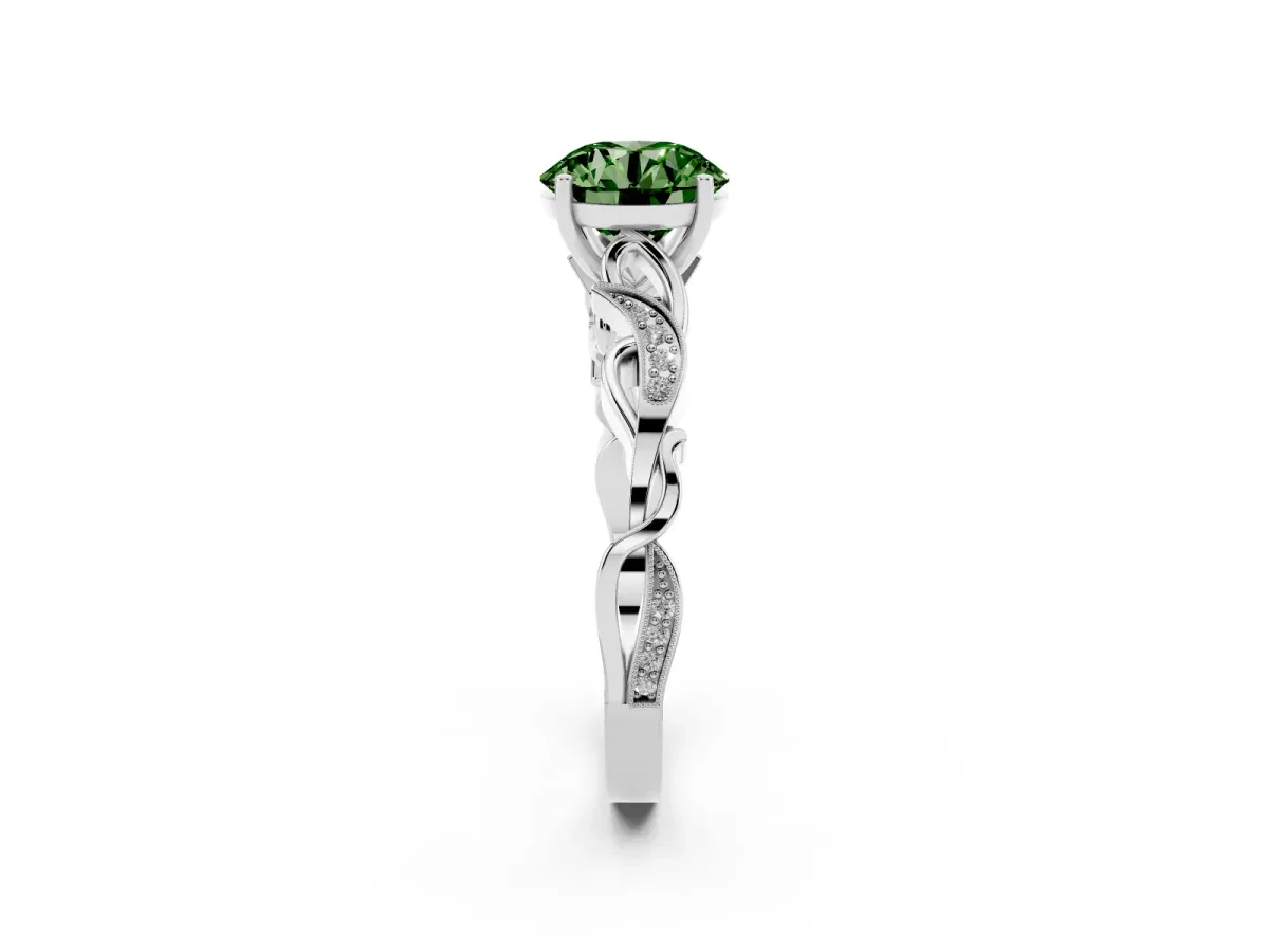 Fancy Green Round Cut Solitaire Vine Band with Milgrain Prong Setting Silver