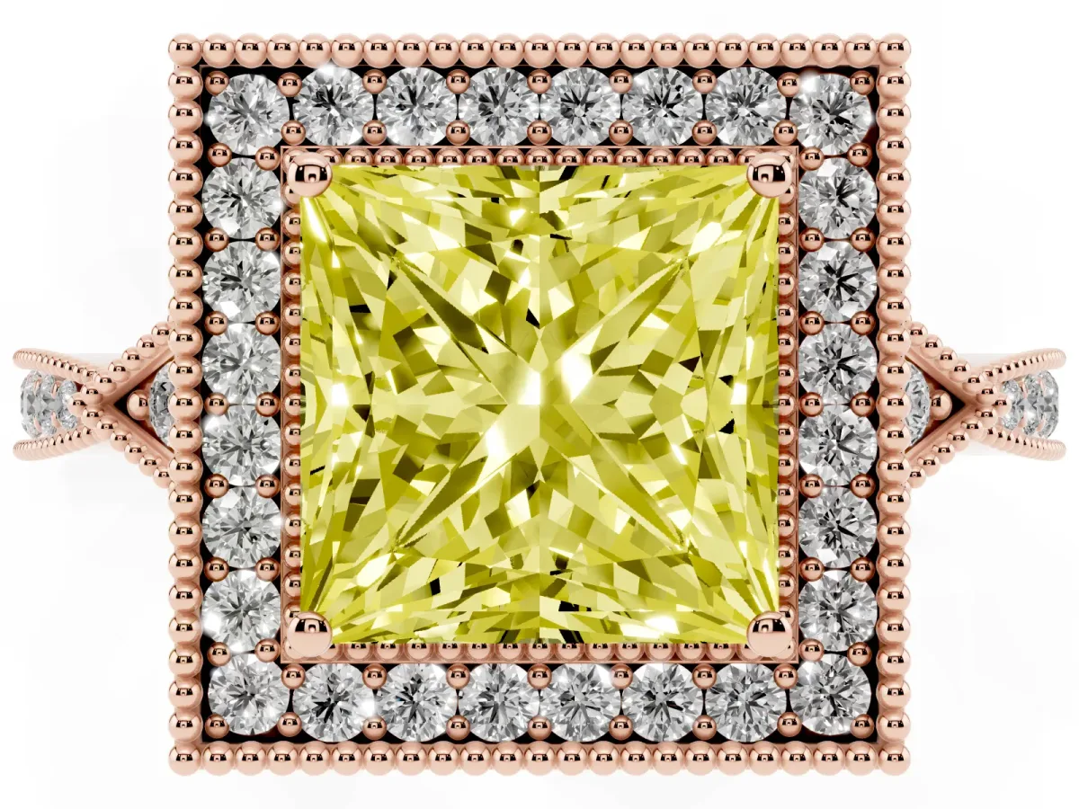 Fancy Yellow Princess Cut Halo Round Diamond Milgrain Pave Engagement Ring Rose gold