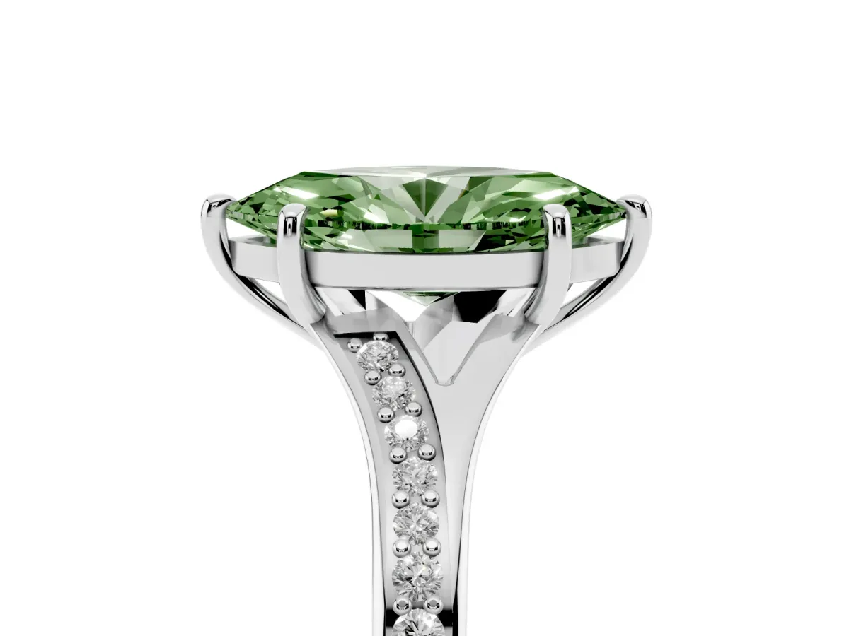 Fancy Green Marquise Cut Diamond Solitaire Ring with Pavé Band and Prong Setting Silver