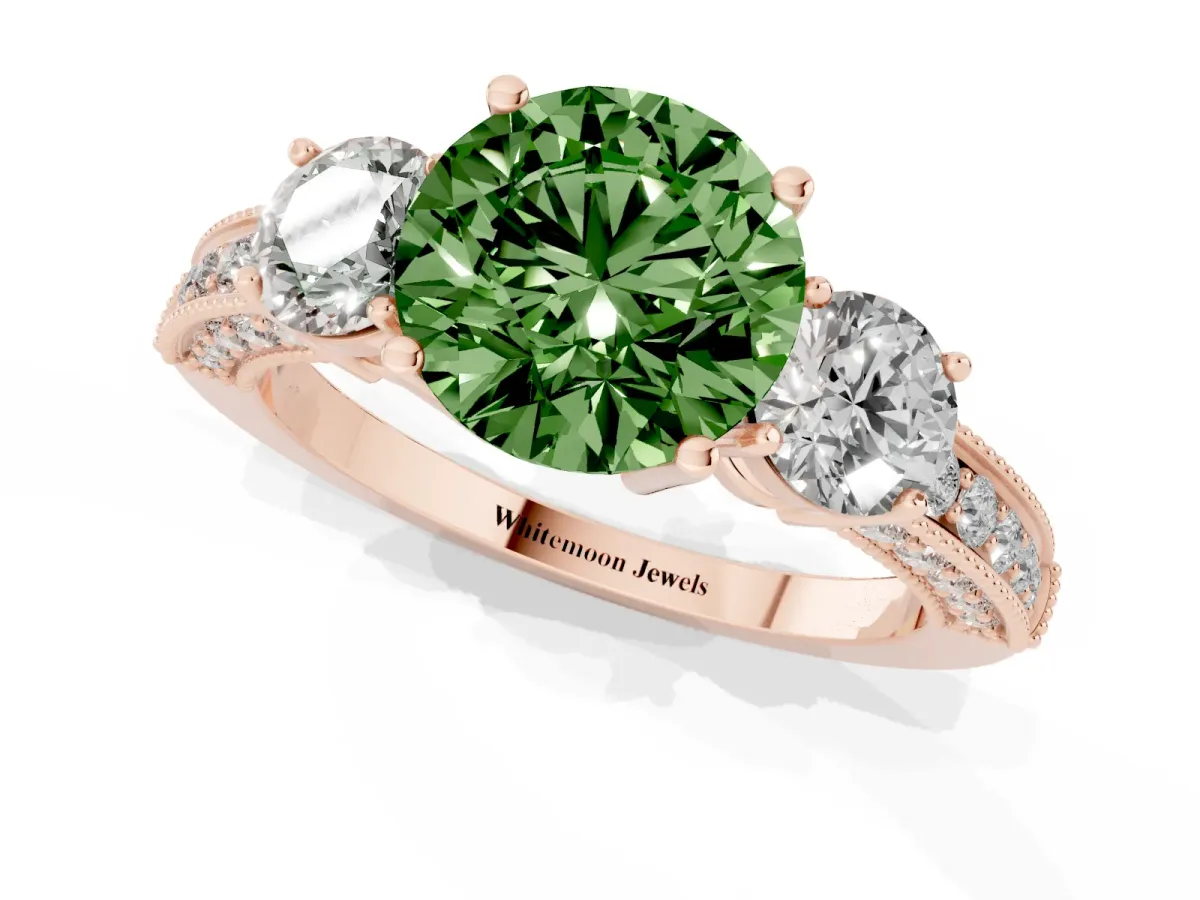 Fancy Green Round Cut Three-Stone Diamond Ring with Pavé Band and Four-Prong Setting Rose gold
