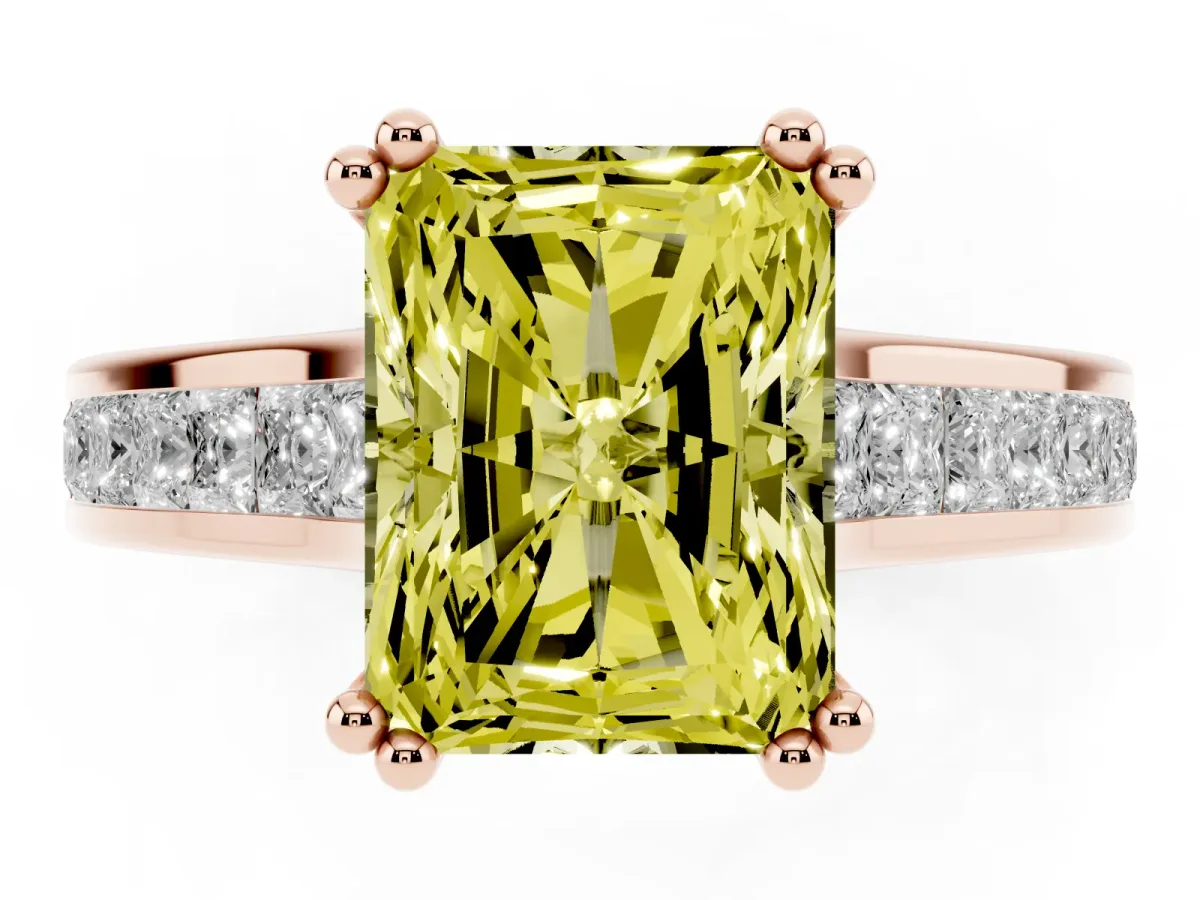 Fancy Yellow Radiant Cut Cut Channel Set Solitaire Engagement Ring with Prong Setting Rose gold