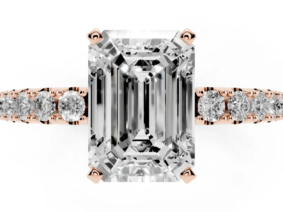 Emerald Cut Diamond Solitaire Pavé Band with Four-Prong Setting Rose gold