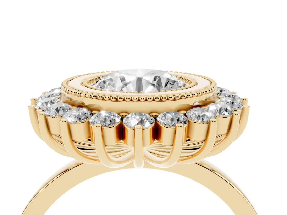 Round Cut Halo Diamond Ring with Milgrain Edge and Round Prong Setting Yellow gold