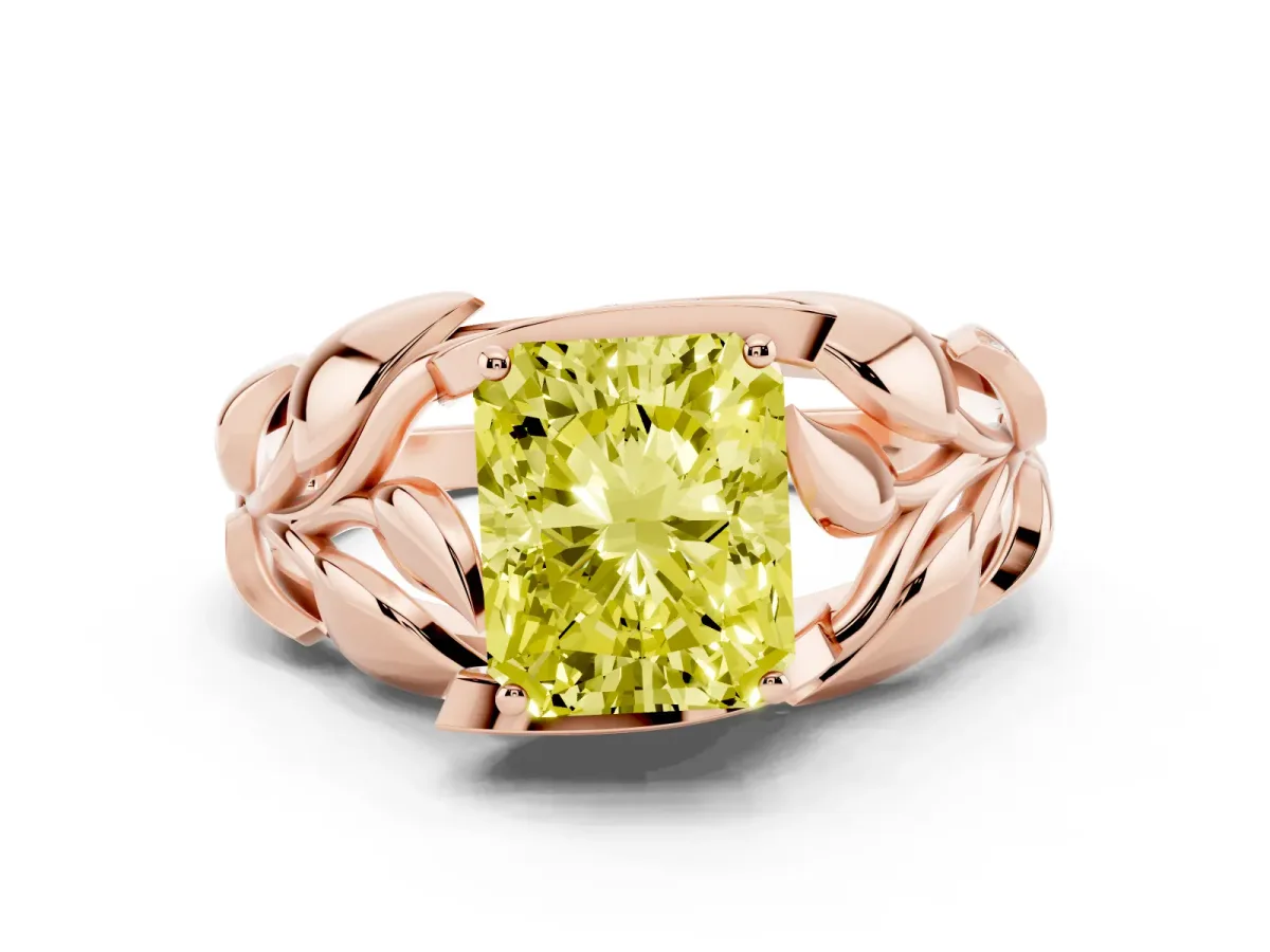 Fancy Yellow Radiant Cut Diamond Leaf-Inspired Engagement Ring with Round Accents and Prong Setting Rose gold