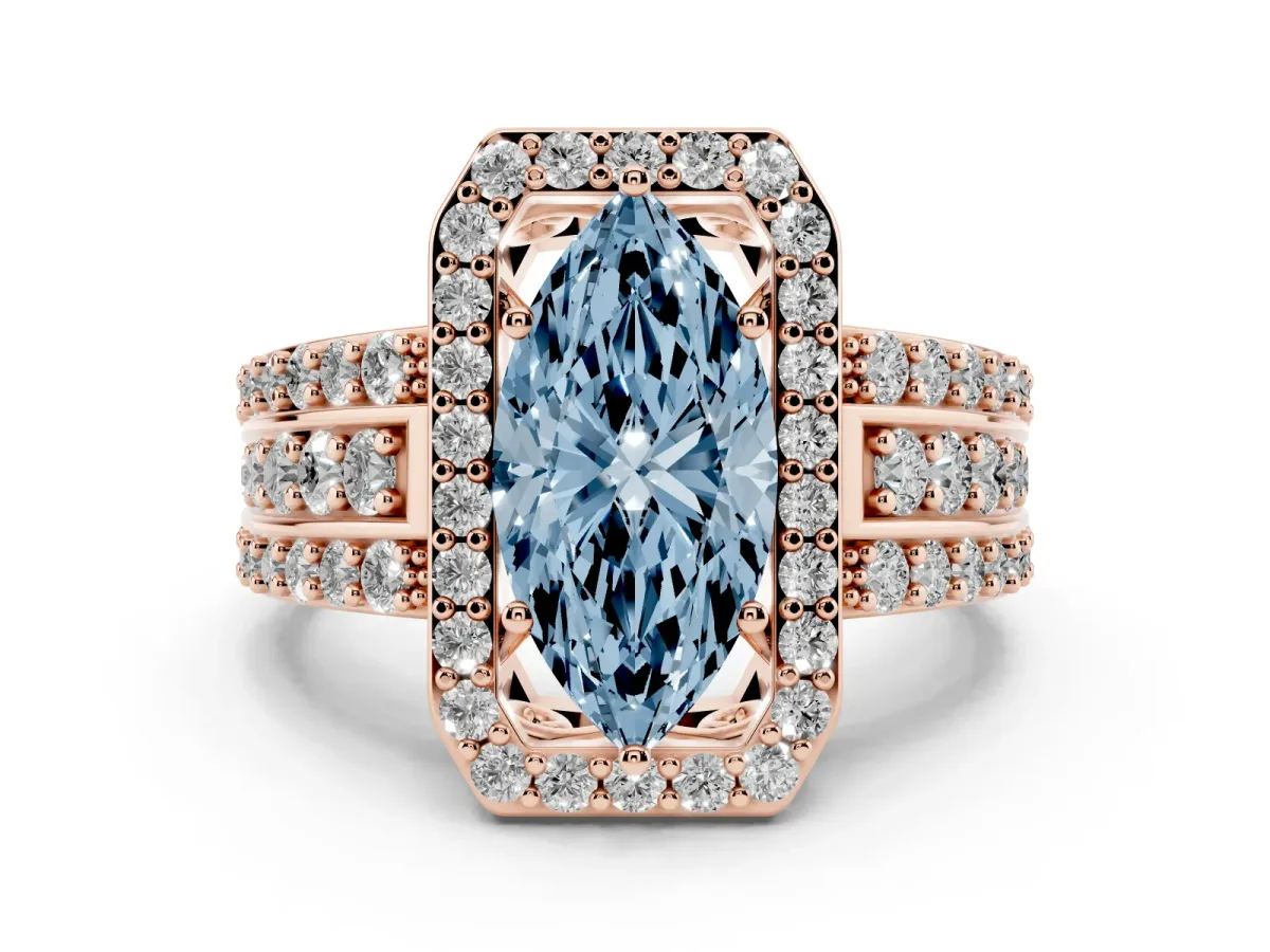 Fancy Blue Marquise Cut Halo Diamond Ring with Round Split Shank and Prong Setting Rose gold