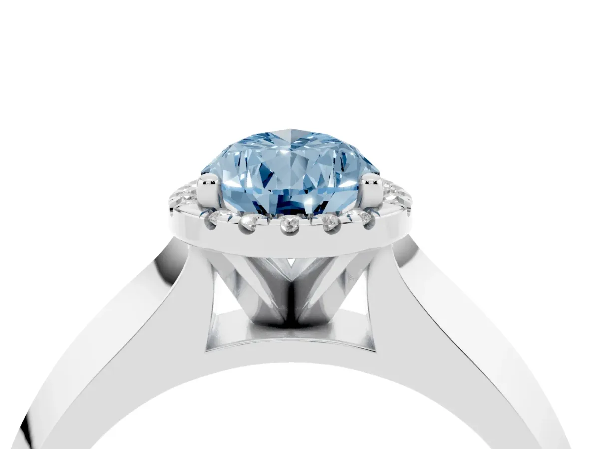 Fancy Blue Pear Cut Halo Diamond Ring with Cathedral Band and Four-Prong Setting White gold
