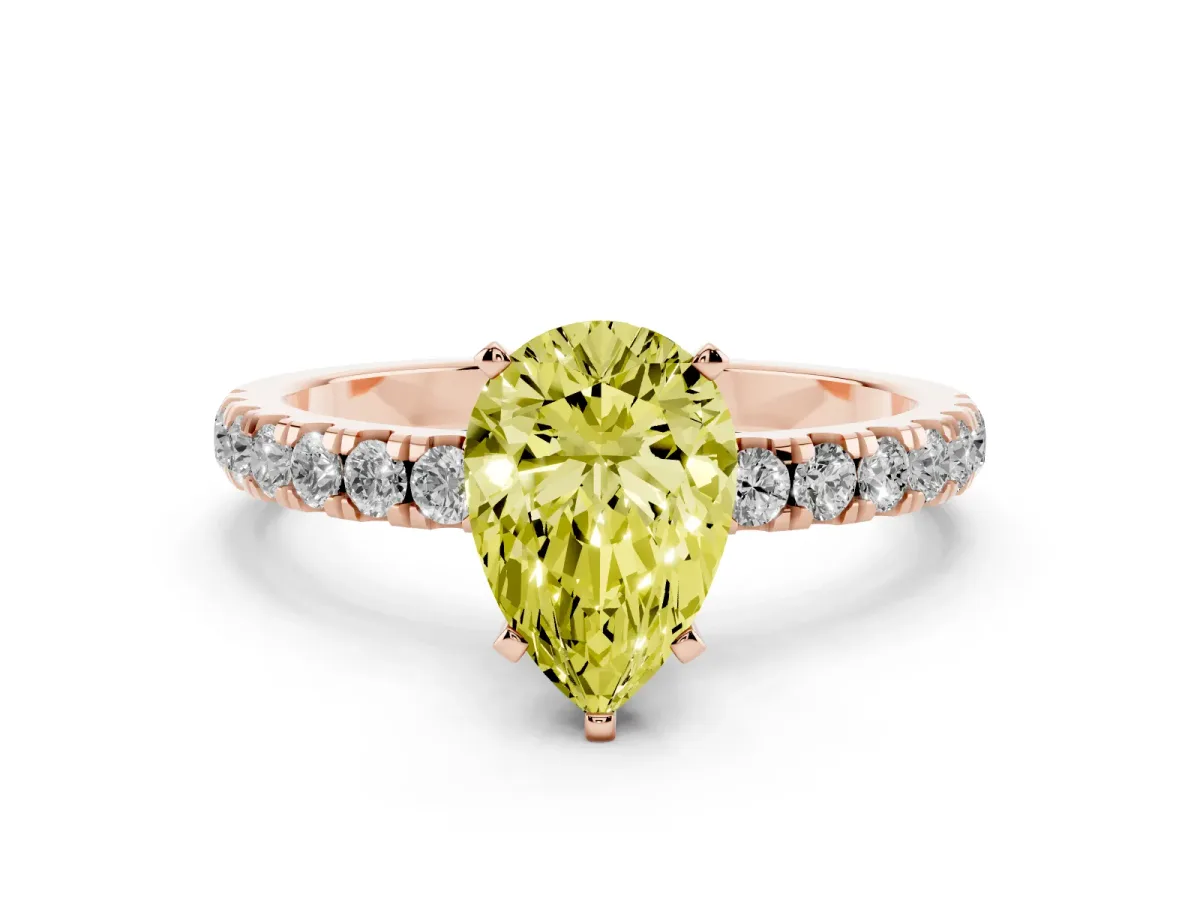 Fancy Yellow Pear Cut Diamond Solitaire Ring with Pavé Accents and Four-Prong Setting Rose gold