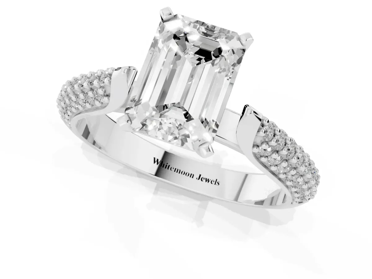 Emerald Cut Diamond Solitaire Engagement Ring with Multi-Row Round Pavé Band and Prong Setting Silver