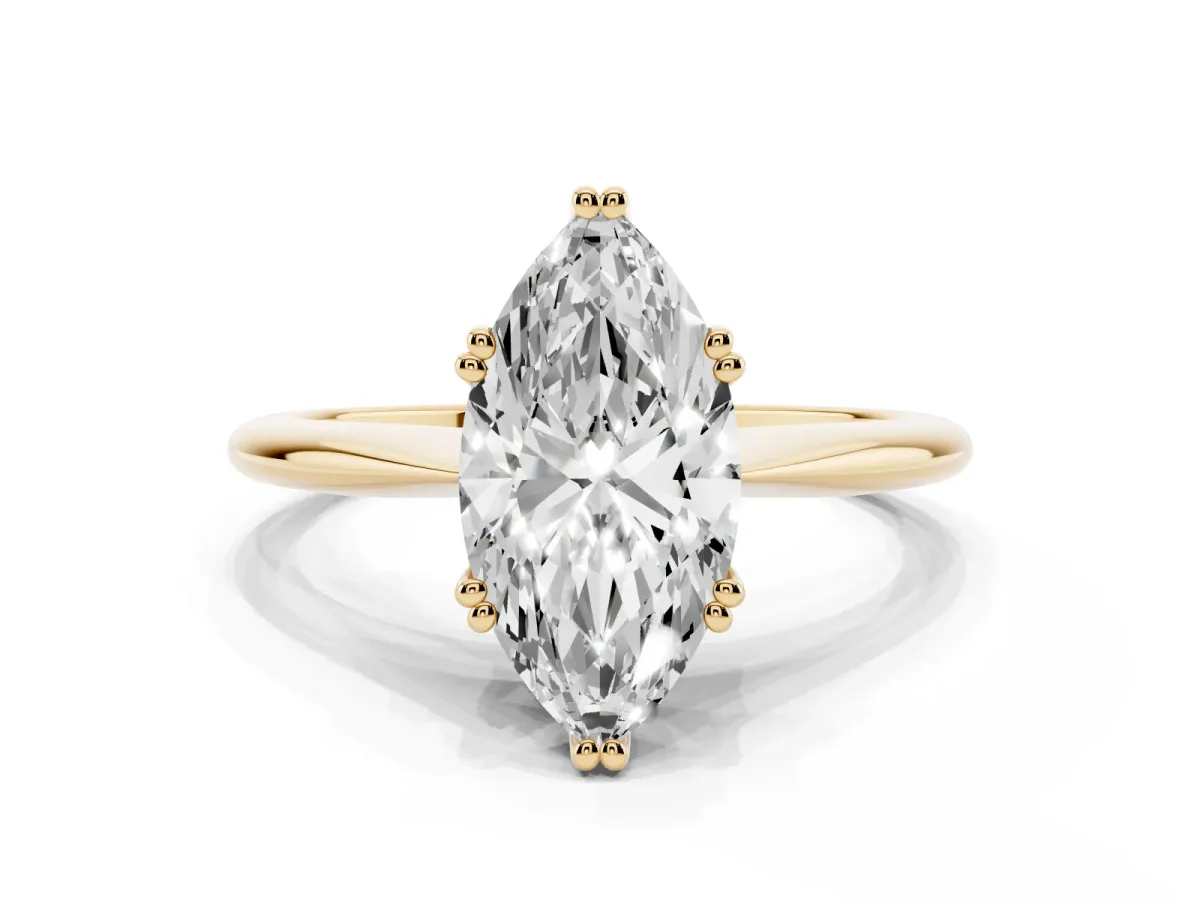 Marquise Cut Solitaire Diamond Ring with Six-Prong Setting and Classic Band Yellow gold
