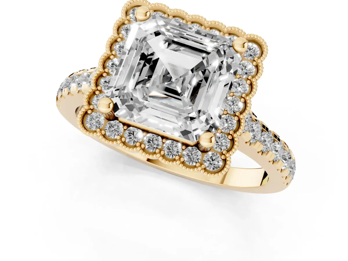 Asscher Cut Cut Diamond Milgrain Floral Halo Engagement Ring with Pavé Band Yellow gold