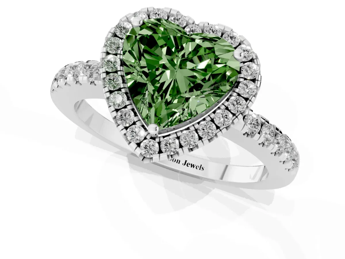 Fancy Green Heart Cut Halo Diamond Engagement Ring with Pavé Band and Four-Prong Setting Platinum