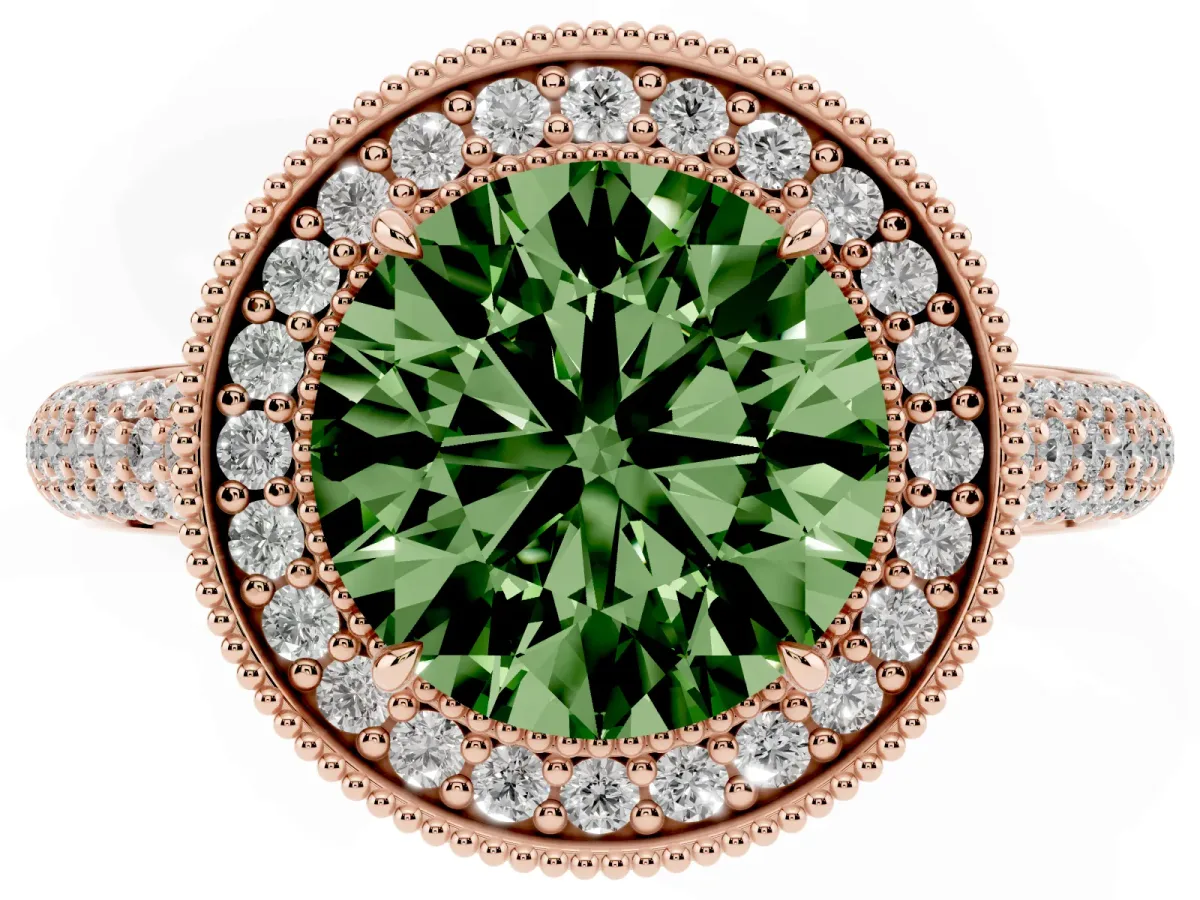 Fancy Green Round Cut Cut Halo Diamond Pave Band with Four-Prong Setting Rose gold