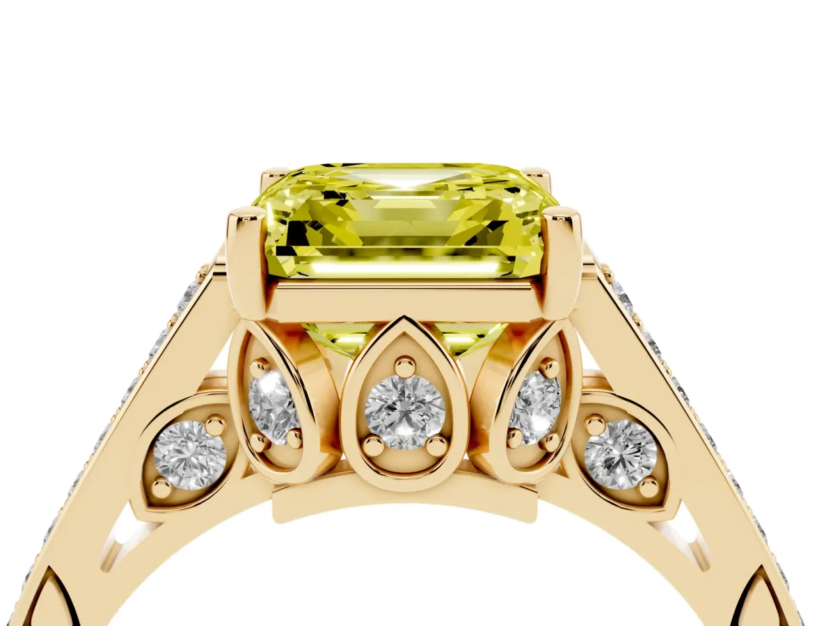 Fancy Yellow Asscher Cut Cut Cathedral Pave Diamond Engagement Ring with Six-Prong Setting Yellow gold