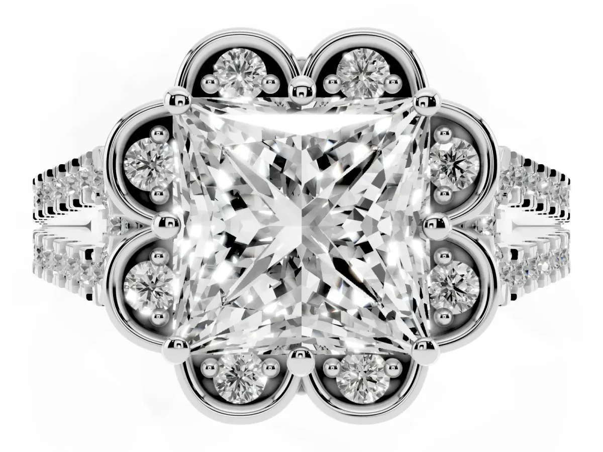Princess Cut Halo Diamond Floral Split Shank Engagement Ring Platinum