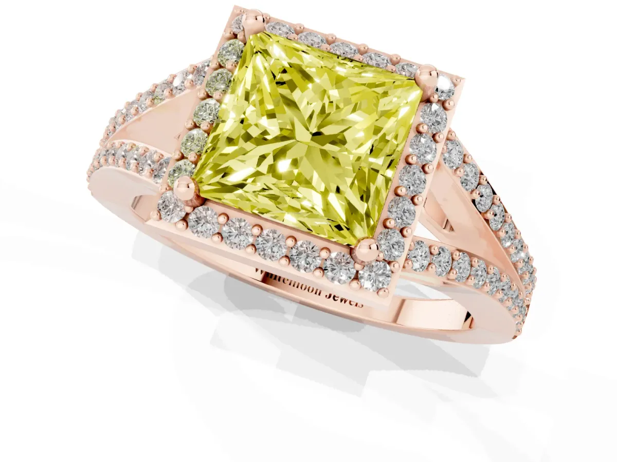 Fancy Yellow Princess Cut Halo Split Shank Diamond Ring with Prong Setting Rose gold
