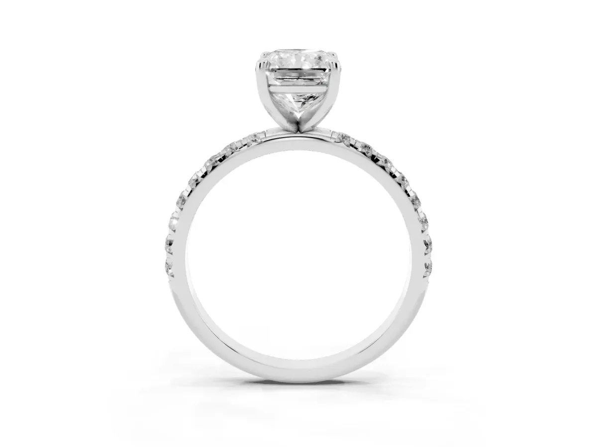 Radiant Cut Cut Diamond Solitaire Ring with Micro Pave Band and Four Prong Setting Silver