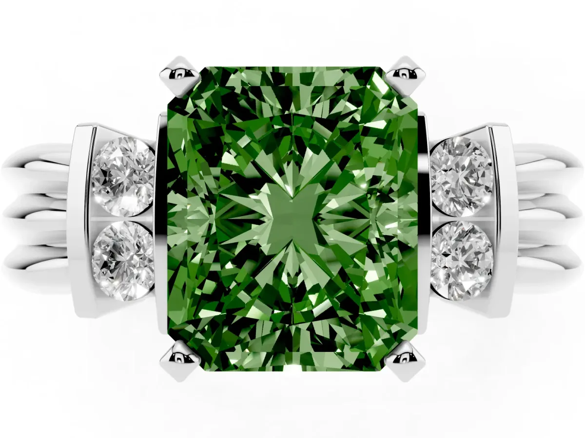 Fancy Green Radiant Cut Cut Three-Stone Channel Set Ring with Bar Prongs Silver