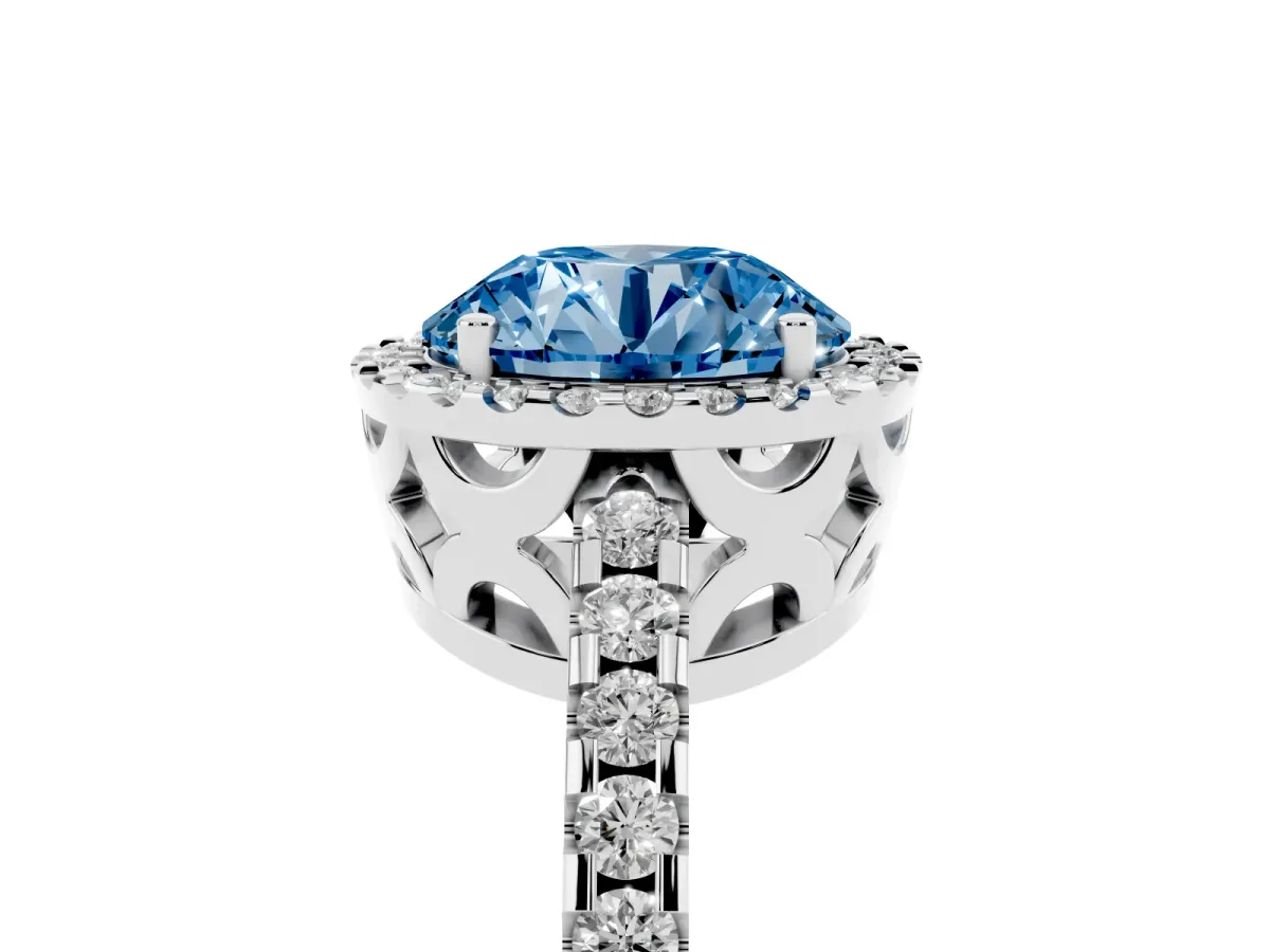 Fancy Blue Round Cut Diamond Halo Engagement Ring with Pavé Band and Prong Setting Platinum