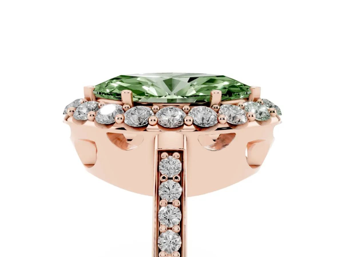 Fancy Green Marquise Cut Diamond Floral Halo Ring with Pavé Band and Prong Setting Rose gold