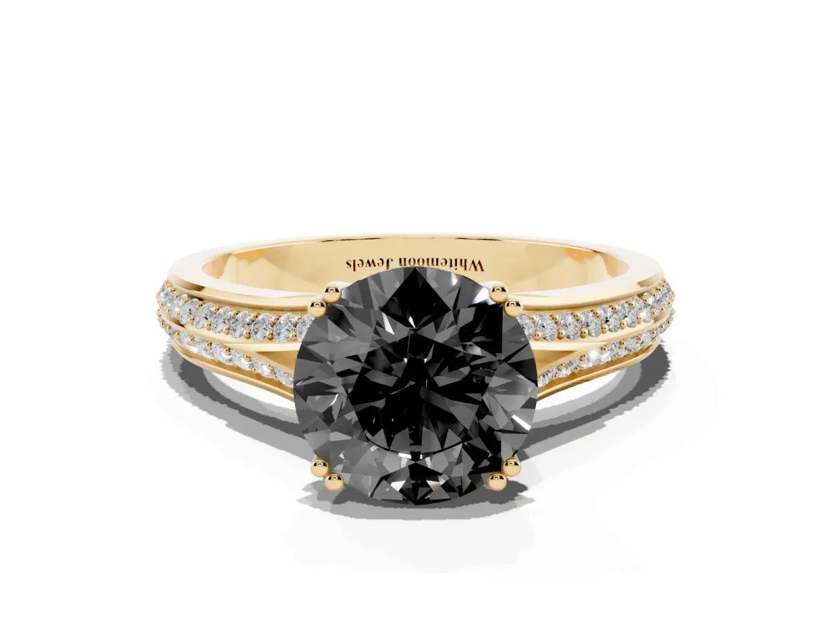 Fancy Black Round Cut Diamond Split Shank Engagement Ring with Pavé Band Yellow gold