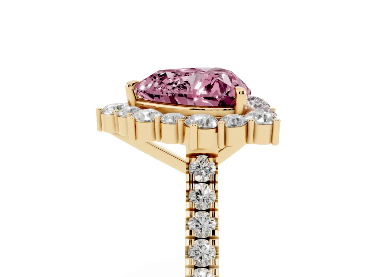 Fancy Pink Heart Cut Halo Diamond Ring with Pavé Band and Prong Setting Yellow gold