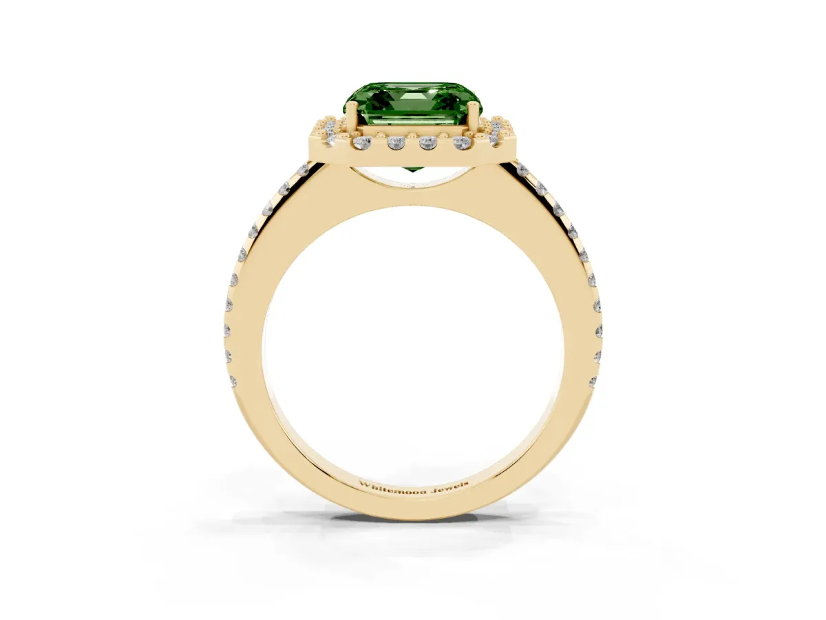 Fancy Green Asscher Cut Diamond Pavé Halo Ring with Four-Prong Setting Yellow gold